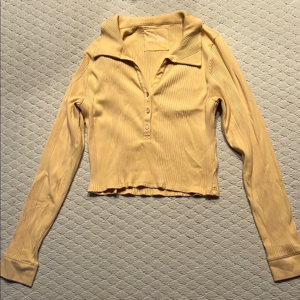 Aerie Tan Ribbed Polo Crop Blouse